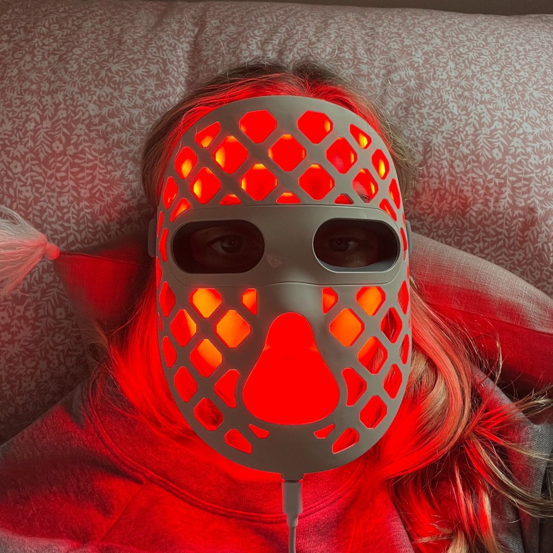 Soller Ultra Lite LED mask in use featuring 630nm red light therapy for anti-aging and collagen boost